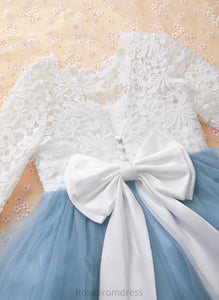 Bow(s)/V Kaylee Flower Back Girl Floor-length With Dress - Flower Girl Dresses Neck Tulle/Lace Scoop Long Ball-Gown/Princess Sleeves