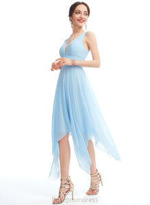 V-neck Asymmetrical Length Fabric Neckline A-Line Silhouette Embellishment Ruffle Mary Natural Waist A-Line/Princess Bridesmaid Dresses