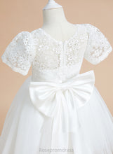 Load image into Gallery viewer, - Short Anastasia Girl Tulle/Lace Dress Flower Bow(s) With A-Line Knee-length Scoop Sleeves Neck Flower Girl Dresses