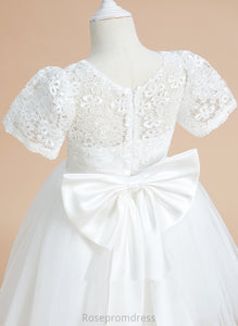 - Short Anastasia Girl Tulle/Lace Dress Flower Bow(s) With A-Line Knee-length Scoop Sleeves Neck Flower Girl Dresses