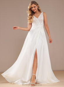 V-neck Split Sequins Saige Wedding Chiffon Lace Dress A-Line Sweep Front With Train Lace Wedding Dresses