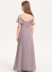 With A-Line Junior Bridesmaid Dresses Mckenzie Chiffon Floor-Length Off-the-Shoulder Ruffle
