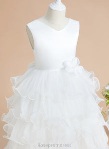 - V-neck Ball-Gown/Princess Satin/Tulle Bow(s) Girl Flower Girl Dresses Sleeveless Jean Dress With Tea-length Flower