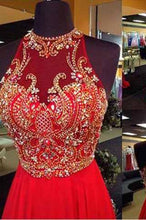 Load image into Gallery viewer, A-Line Halter Sleeveless Open Back Chiffon Red Beaded Long Rhinestone Prom Dresses RS947