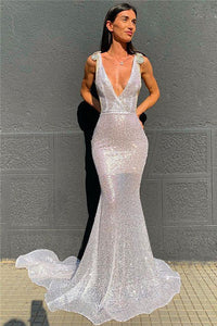 Sexy Deep V Neck Sequined Prom Dresses, Stunning Backless Mermaid Evening Dresses SRS15595