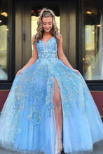 Load image into Gallery viewer, Elegant A Line Lace Appliques Blue V Neck Prom Dresses, Long Evening SRS15635