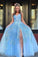 Elegant A Line Lace Appliques Blue V Neck Prom Dresses, Long Evening SRS15635