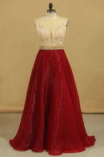 Load image into Gallery viewer, 2024 Scoop A Line Prom Dresses Organza With Sash &amp; Applique Burgundy/Maroon