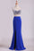 2024 Spaghetti Straps Two Pieces Sheath Prom Dresses Spandex With Slit And Beads