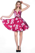 Load image into Gallery viewer, 2024 A Line V-Neck Short/Mini Satin Floral Homecoming Dresses