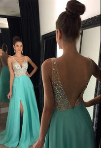Modest sparkly crystal beaded v-neck open back long chiffon pageant slit Prom Dresses RS846
