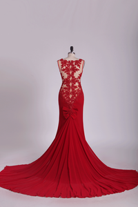 2024 Spandex V Neck Sheath Evening Dresses With Applique And Bow Knot Court Train