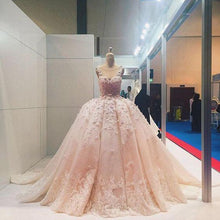 Load image into Gallery viewer, Pink Lace Applique Beads Ball Gown Quinceanera Dress Wedding Dress RS620
