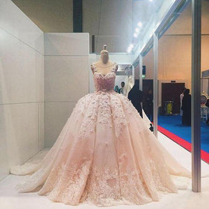 Pink Lace Applique Beads Ball Gown Quinceanera Dress Wedding Dress RS620