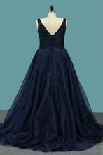 Load image into Gallery viewer, 2023 Prom Dresses Spaghetti Straps A Line Organza &amp; Sequin Sweep Train