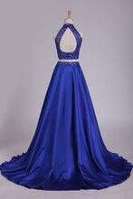 Load image into Gallery viewer, 2024 Two Pieces High Neck Prom Dresses A Line Beaded Bodice Satin Dark Royal Blue