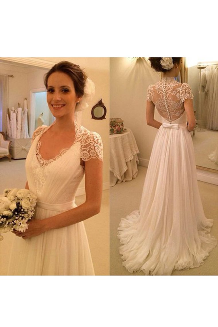 2023 Short Sleeves Wedding Dresses A Line Chiffon With Applique And Sash
