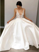 Load image into Gallery viewer, Simple A-Line Deep V Neck Satin Ivory Wedding Dress with Lace Appliques SRS15387