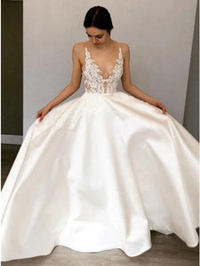 Simple A-Line Deep V Neck Satin Ivory Wedding Dress with Lace Appliques SRS15387
