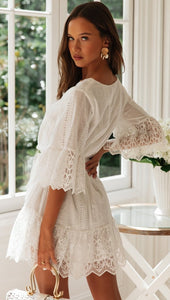 A Line Long Sleeve White Simple Lace Short Sexy Criss Cross Above Knee Homecoming Dress RS783