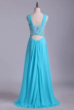 Load image into Gallery viewer, 2024 Straps A Line Prom Dresses Chiffon With Applique &amp; Ruffles Floor Length