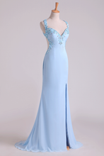 Load image into Gallery viewer, 2023 Hot Halter Sheath Prom Dresses With Slit And Beading Chiffon Sweep Train