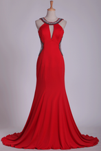 Load image into Gallery viewer, 2024 Prom Dresses Sheath Scoop Spandex With Beading Open Back Sweep Train