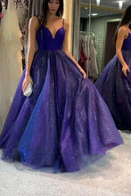 Load image into Gallery viewer, Sparkly Dark Royal Blue Spaghetti Straps V Neck A line Prom Dresses, Formal SRS20479