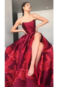 Unique A Line Strapless Burgundy Satin Prom Dresses With Appliques Formal SRSPYZN65CB