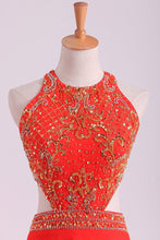 Load image into Gallery viewer, 2024 Prom Dresses Scoop A Line Orange Red Chiffon With Beading Sweep Train