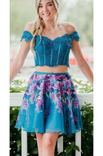 Load image into Gallery viewer, Two Piece Off Shoulder Beading Floral Homecoming Dresses