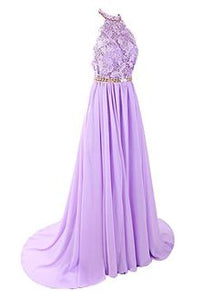 Halter Applique Open Back Long Chiffon Prom Dresses Evening Dresses RS490