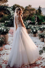 Load image into Gallery viewer, Elegant A Line V Neck Tulle Wedding Dresses With Flowers V Back Beach Wedding SRSPEKH2P28