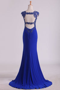 2024 Prom Dresses Sheath Straps Spandex With Applique Open Back