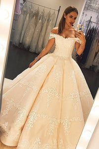 2024 Off The Shoulder A Line Satin Wedding Dresses With Appliques Sweep Train