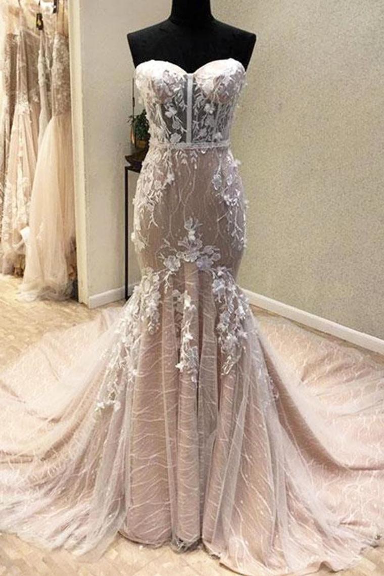 Gorgeous Sweetheart Mermaid Lace Appliqued Wedding Dresses Strapless Bridal SRSPJ18HD74