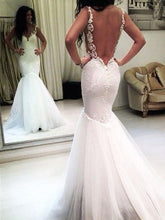 Load image into Gallery viewer, Elegant Mermaid White V Neck Appliques Wedding Dresses, Tulle Beach Wedding Gowns SRS15183