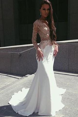 White Mermaid Long Sleeves Seen Through Long Prom Dresses RS0192