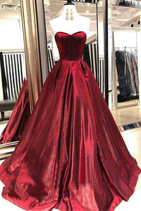 Unique A Line Burgundy Sweetheart Strapless Satin Prom Dresses, Simple Party Dress SRS15602
