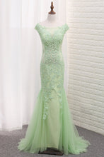Load image into Gallery viewer, 2023 Tulle Scoop Mermaid Open Back Prom Dresses With Applique Sweep Train