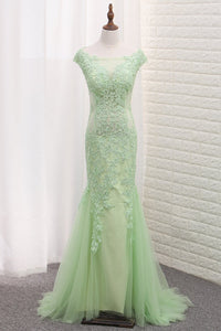 2023 Tulle Scoop Mermaid Open Back Prom Dresses With Applique Sweep Train