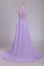 Load image into Gallery viewer, 2024 See-Through Scoop A Line Sweep Train Prom Dresses With Applique And Slit