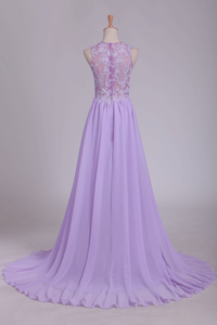 2024 See-Through Scoop A Line Sweep Train Prom Dresses With Applique And Slit