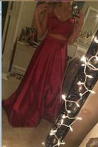Two Piece Straps Long Prom Dress Evening Dress Spaghetti Straps Wine Red Prom Dresses RS159