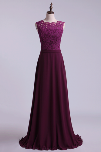 2023 Scoop A Line Exquisite Lace & Chiffon Prom Dresses