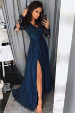 Load image into Gallery viewer, Pretty Long Sleevesl Navy Blue Lace Front Split Prom Dresses Women Dresses