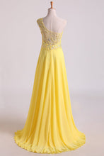 Load image into Gallery viewer, 2024 Hot One Shoulder A Line Prom Dress Beaded Tulle And Chiffon Court Train