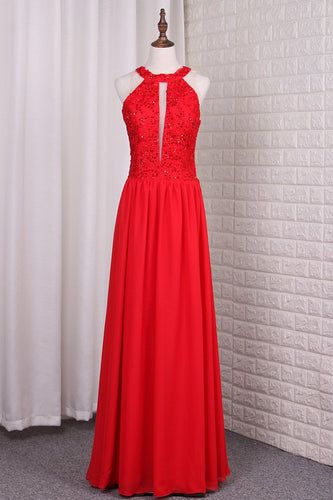 2024 A Line Chiffon Scoop Prom Dresses With Applique And Beads