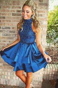 Pretty A-line High Neck Above-knee Beaded Dark Blue Backless Short Homecoming Dresses RS165