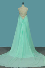 Load image into Gallery viewer, 2024 Sexy Open Back Spaghetti Straps A Line Chiffon With Pearls Prom Dresses